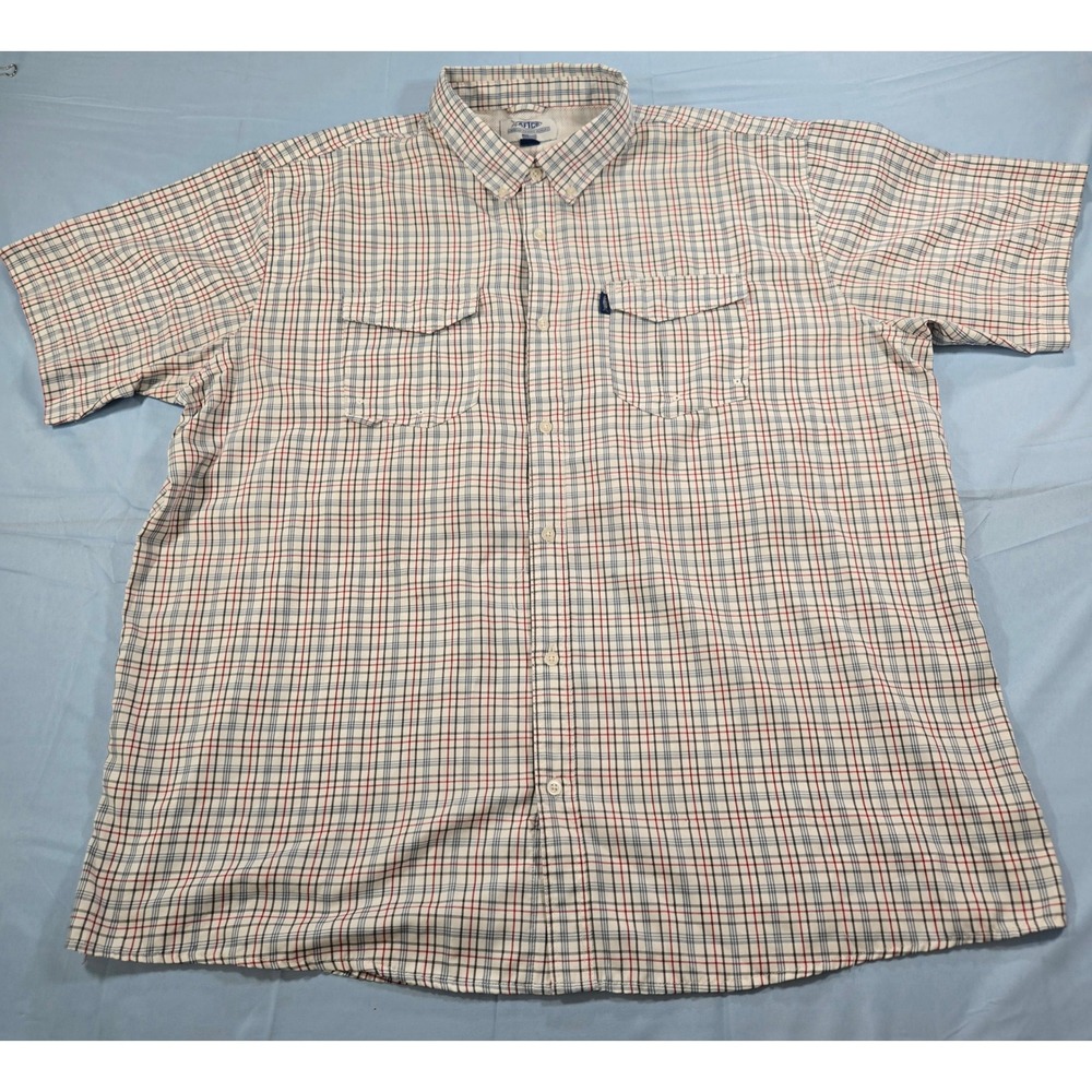AFTCO Mens 2XL Plaid Short Sleeve Fishing Shirt Vented Mesh Back Red Blue White